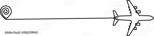 Continuous line drawing of airplane flight path from start point to destination
