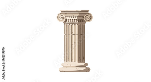 A weathered classical column with a fluted shaft and Ionic capital stands upright on a plain white background.