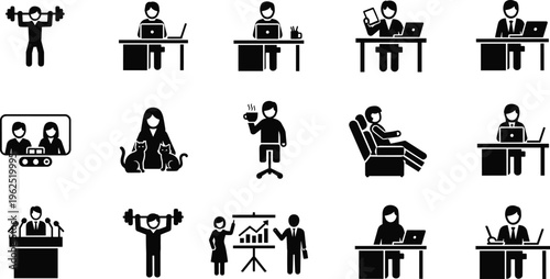 Daily activity icons, fitness silhouette, laptop work, video call, coffee break, cat companion, presentation, podium speaker, office lifestyle, vector illustration