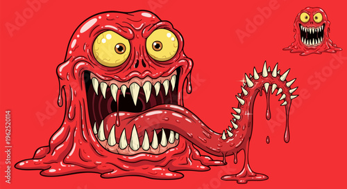 Terrifying illustration of a grotesque, dripping red slime monster featuring large yellow eyes and a ridiculously long, spiked, sharp-toothed tongue snapping outward aggressively.