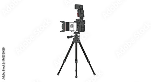 A grey DSLR camera with a white and red lens and an attached flash unit is mounted on a tall black tripod.