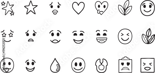 A collection of 20 hand drawn emoticon faces and symbols