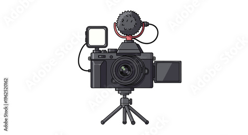 A dark grey mirrorless camera with a microphone, LED light, and flip-out screen is mounted on a small tripod.