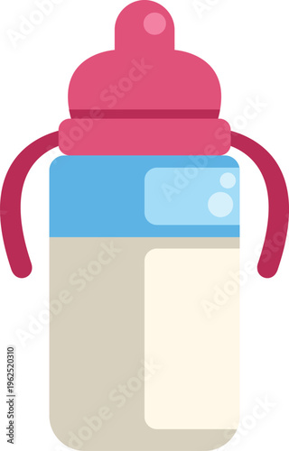 Baby bottle with handles and nipple containing formula, ready for feeding