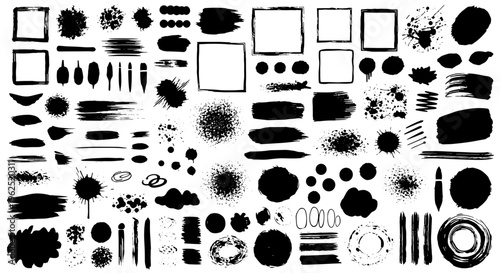 Collection of diverse black paint brush strokes ink splatters and square frames