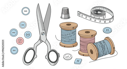 A detailed illustration presents a collection of sewing essentials including large scissors, a thimble, measuring tape, thread spools, and buttons on a white background.