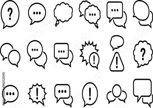 Collection of various speech bubbles and thought clouds in silhouette featuring question marks exclamation marks and text placeholders