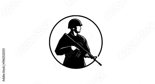 Soldier with rifle circular badge logo vector with modern minimal military design isolated on white
