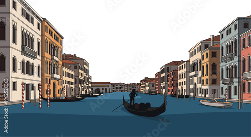 A pixel art illustration depicts a gondola with a gondolier on the Grand Canal, flanked by historic buildings under a bright sky.