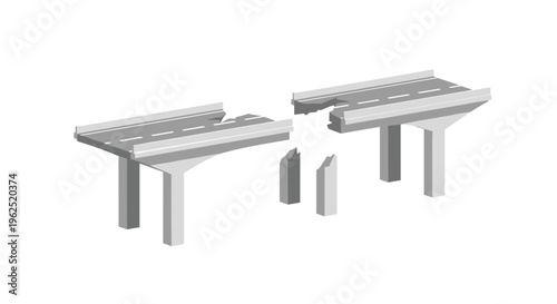 An isometric illustration shows a broken concrete highway bridge with two separated sections and fragmented pieces on a white background.