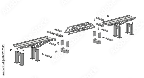 An isometric illustration displays a disassembled railway truss bridge with its individual components and track sections on a white background.