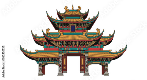 An ornate, multi-tiered Chinese temple gate with golden roofs and intricate red and teal decorations stands prominently in this detailed illustration.