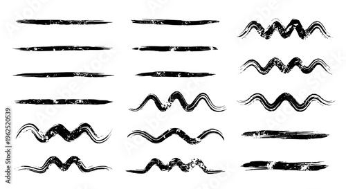 Collection of rough textured brush stroke lines and wavy shapes in black and white