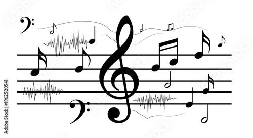 Musical notation with treble and bass clefs notes and sound waves on staff lines