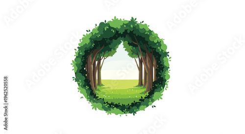 A circular archway of lush green trees and foliage frames a bright grassy field under a clear blue sky in this vibrant illustration.