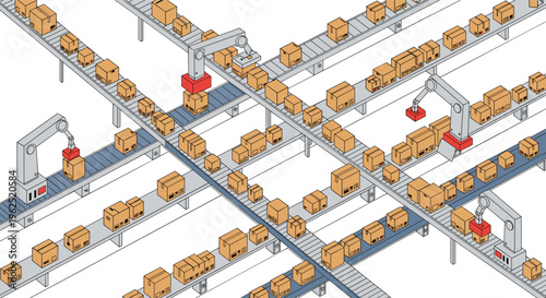 Multiple robotic arms operate above a busy network of intersecting conveyor belts carrying numerous brown cardboard boxes in an isometric factory illustration.