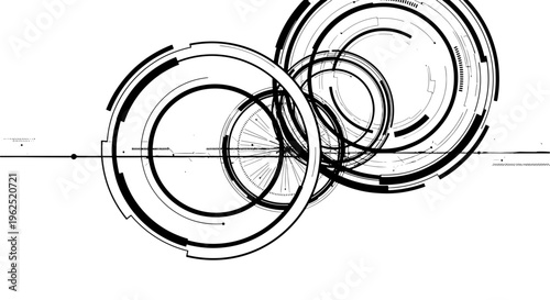 Abstract geometric circles and lines forming a futuristic digital tech pattern