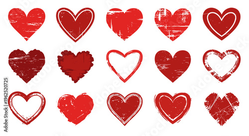 Collection of distressed red heart shapes with varying textures and outlines