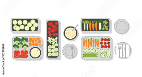An overhead view shows various cut vegetables in rectangular trays with two dip bowls and empty plates.