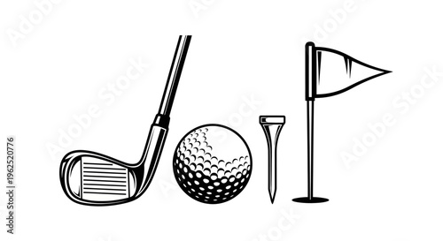Black and White Golf Equipment Set with Club Ball Tee and Flag