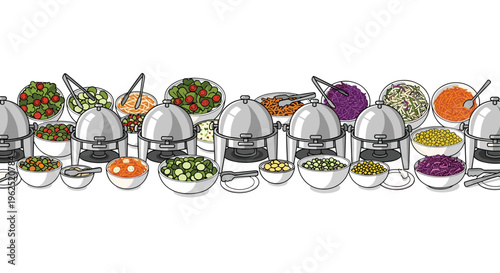 A long line of silver chafing dishes and bowls filled with colorful salads and vegetables are arranged on a white surface.