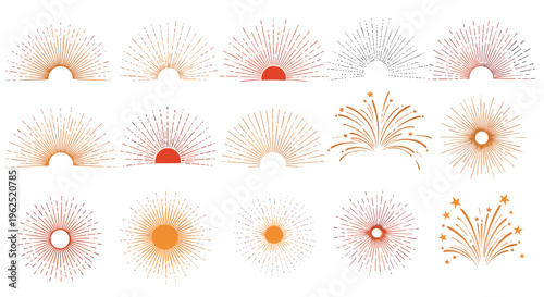 Collection of abstract radiant sunbursts and firework bursts on a white background