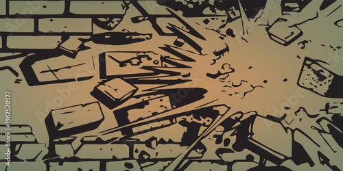 Abstract comic book style explosion on a brick wall dynamic and energetic illustration.