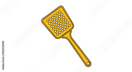 A bright yellow slotted spatula with many circular holes and a thin handle is angled on a clean white background.