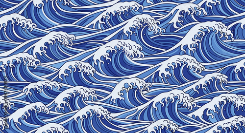 Stylized blue ocean waves pattern with white foam crests in a repeating seamless