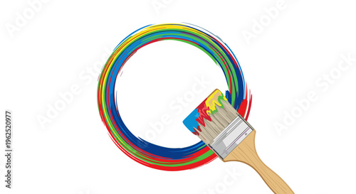 Paintbrush creating a colorful circle with vibrant rainbow colors on a white