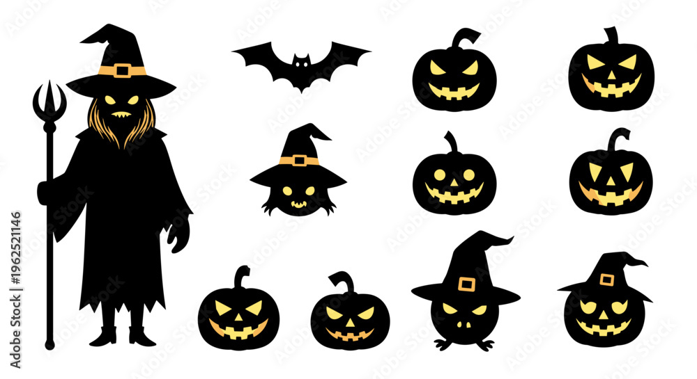 Obraz premium Halloween icons spooky witch jack o lanterns and bat silhouette collection