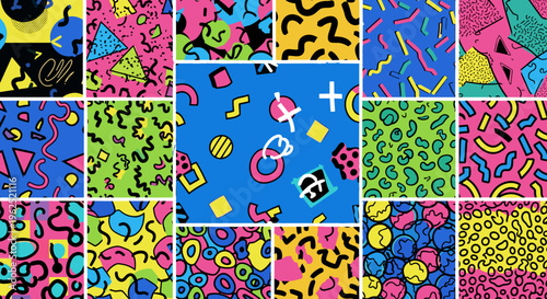 Retro 80s memphis design pattern collage with bright geometric shapes and abstract