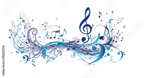 Abstract musical notes and clefs swirl with flowing blue and purple lines on white