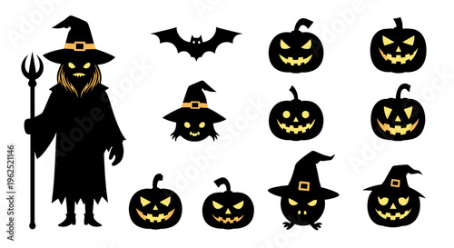 Halloween icons spooky witch jack o lanterns and bat silhouette collection