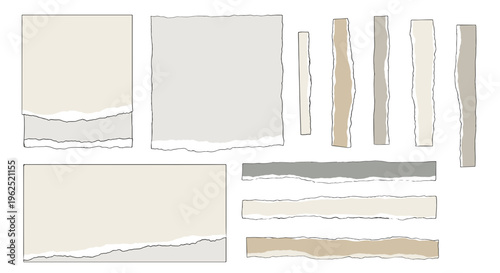 Collection of torn paper edges and scraps with rough uneven textures on white