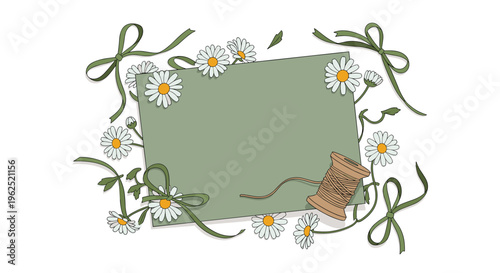A blank green note card is surrounded by white daisies, green ribbons, and a wooden spool of brown thread on a white surface.