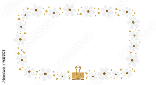 A decorative rectangular frame, composed of white flowers and gold stars, features a prominent gold binder clip at its bottom center.