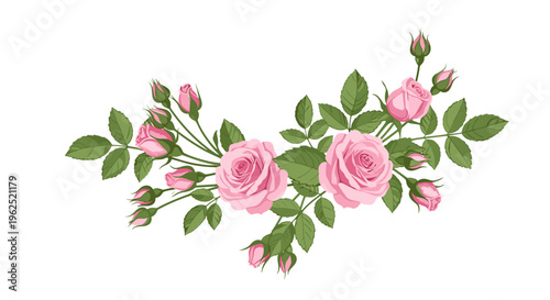 Delicate pink rose garland with green leaves and buds elegant floral design