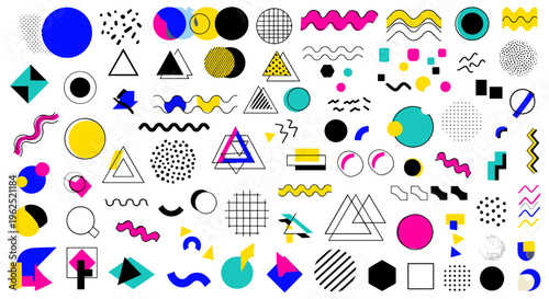 Vibrant memphis style geometric shapes and patterns collection for retro design