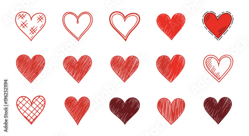 Collection of hand drawn red heart icons and symbols representing love and romance