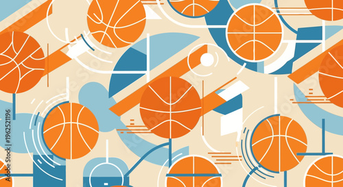 Vibrant basketball themed pattern with balls and equipment.
