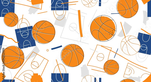 Basketball themed pattern with balls and equipment.