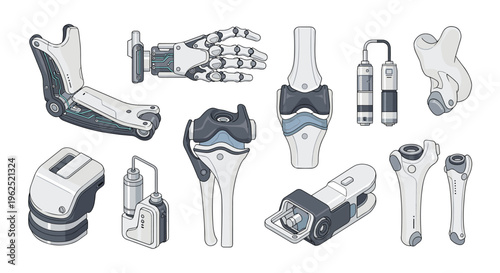 A collection of pixel art bionic joints, skeletal components, and prosthetic parts with internal mechanisms are displayed on a light grey background.