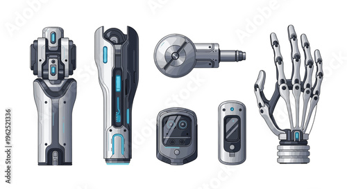 A collection of pixel art futuristic prosthetic limbs and medical devices with blue accents are arranged on a clean white background.