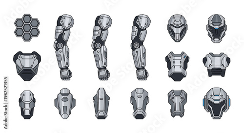 Various pixel art sci-fi armor components, including helmets and arm gauntlets, are displayed in multiple orientations on a light grey background.