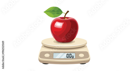 A vibrant red apple with a green leaf and stem is placed on a beige digital kitchen scale displaying 0.0g on a white background.