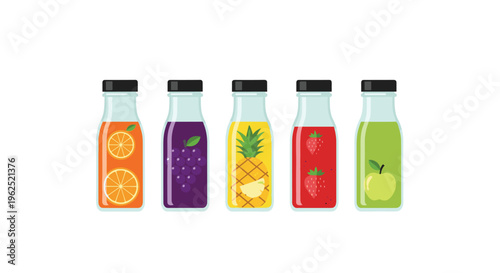 Five glass bottles with black caps contain different fruit juices and are lined up on a white background.