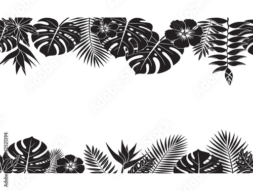 Tropical botanical border lush greenery decorative silhouette composition 