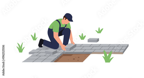 A male construction worker kneels, laying gray paving stones onto a dirt bed with green grass sprouts on a white background.