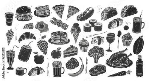 Hand drawn delicious food collection icons vector illustration sketch style